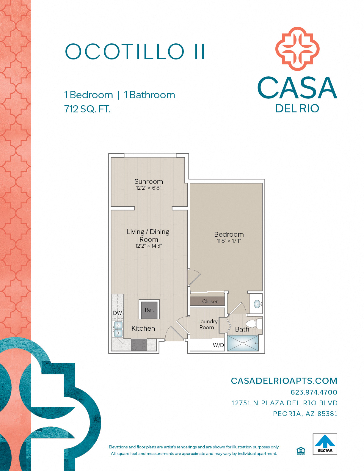 Floor plan for 1 bed, 1 bath, 712 sqft